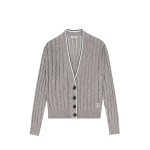 Cardigan en tricot gris personnalisé à col en V et manches longues, pull en coton côtelé ajouré tricoté pour femmes, vente en gros - Product Image 2