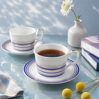 Ensemble de tasses à café et à thé en céramique à rayures bleues avec impression de motifs de luxe, bordure dorée, vaisselle en porcelaine pour la maison, cadeau