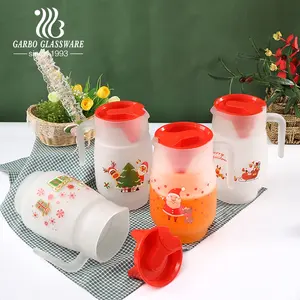 Promotion cheap price 1.4L glass pitcher frosted glass jug with red Lid Christmas Santa Mother's Day decal printing