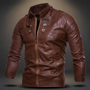 Blouson Moto Homme en Cuir Véritable Marron et Noir avec Blocs de Couleurs, Col Montant, Fermeture Éclair, Coupe Droite, Idéal pour l'Automne, Vente en Gros, Imprimé - Product Image 2