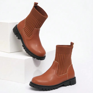Bottes courtes pour enfants en gros, bottes en cuir imperméables chaudes et tricotées à la mode pour filles - Product Image 3