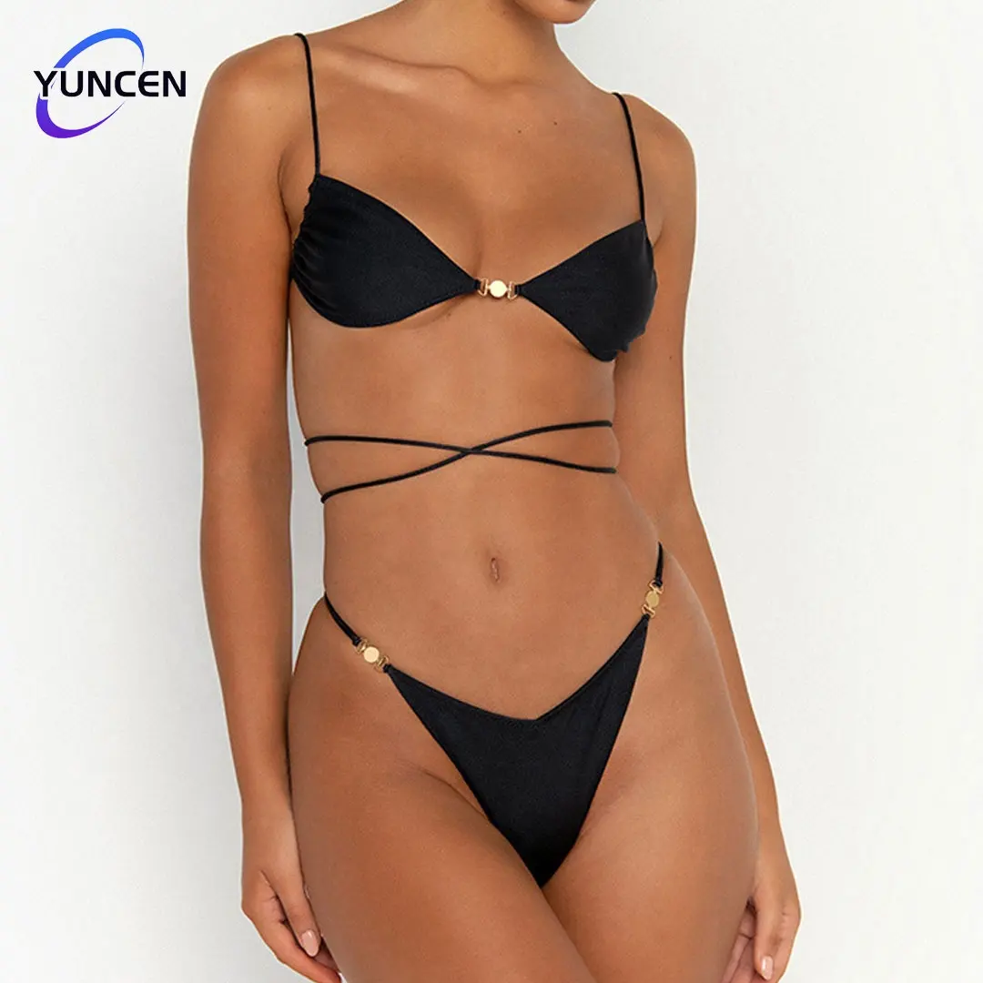 Chất Lượng Cao Mùa Hè 2 Pcs Rắn Bãi Biển Bộ Bikini Bộ Đồ Bơi OEM Sexy Strappy Áo Tắm Cho Phụ Nữ