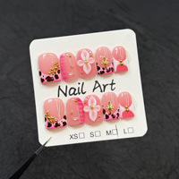 TSZS Faux Ongles d'été faits main à presser, roses, avec breloques 3D en forme de fleur et de coquillage en alliage, réutilisables, courts, carrés, en acrylique