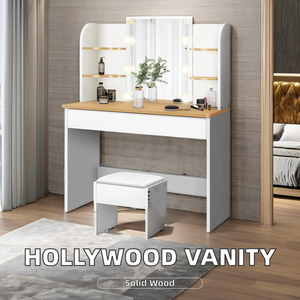 Miroir sur pied avec lampe intégrée, coiffeuse moderne, coiffeuse de chambre à panneaux en bois avec ensemble chaise - Product Image 2