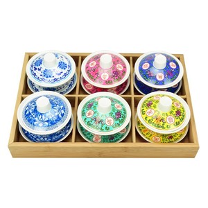 Juego de Tazones Retro de Melamina con Tapas, 6 Piezas, Bandeja de Madera, Diseño Floral, Duradero, para Fiestas - Product Image 1
