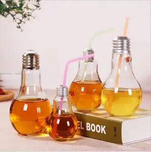 Juice Cold Beverage Cocktail Glass Light Bulb Bottles For Party Drinking And Bar Use With Lid And Straw