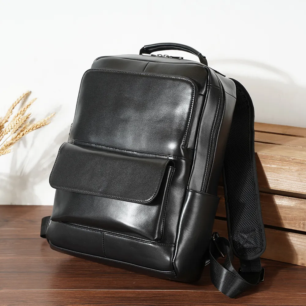 Custom Fashion Custom Black Daily Full Grain Leather Back pack Laptop Bag Business Real Leather Backpack fro Men or Women