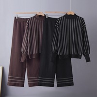 Ensemble deux pièces en tricot uni pour femme, automne-hiver, pull à col rond à manches longues avec pantalon large, coupe décontractée