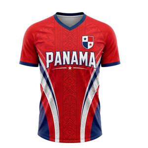 Maglietta Sportiva Panama con Design Tribale Tradizionale, T-shirt Blu con Scollo a V con Scritta PANAMA e Emblema Nazionale - Product Image 1