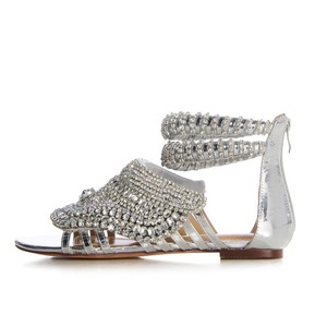 Sandales plates de luxe en argent avec diamants, grande taille 47, fermeture éclair arrière, talons plats, chaussures d'été pour femmes, style romain - Product Image 2