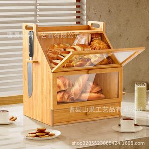 Boîte à pain en bois avec tiroirs et porte en verre, grande capacité de rangement pour comptoir de cuisine - Product Image 3