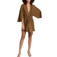 Robe d'été décontractée en coton anti-plis respirant pour femme, col en V profond, épaules tombantes, style kimono, torsadée devant, longueur genou