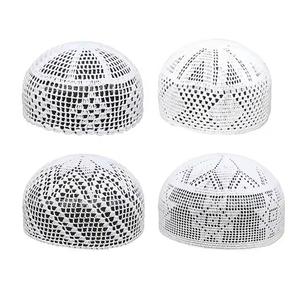 Cappello islamico fatto a mano all'uncinetto bianco elastico Kufi Hijab tazza da uomo dal design etnico berretto <span class=keywords><strong>musulmano</strong></span> - Product Image 1
