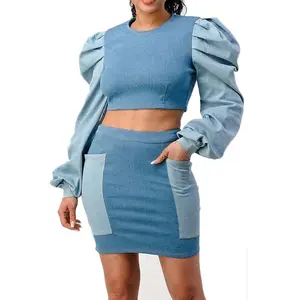 Custom 2 Pieces Women Wash Denim Puffy Sleeve Match Skirt Set