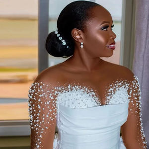 Vestido de novia de satén plisado de sirena de manga larga con perlas brillantes personalizadas impresionantes árabe Aso Ebi <span class=keywords><strong>para</strong></span> novia ilusión - Product Image 2