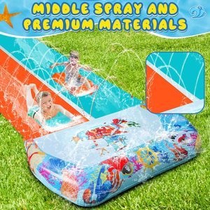 Toboggan aquatique à double voie avec imprimé océan, arroseur et matelas de chute pour le plaisir des enfants dans la cour - Product Image 4
