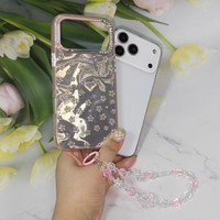 Coque de téléphone à motif floral en strass avec effet vague d'eau, cadre d'appareil photo en cristal et cordon perlé pour iPhone 11/12/13/14/15/16/17 Pro Max