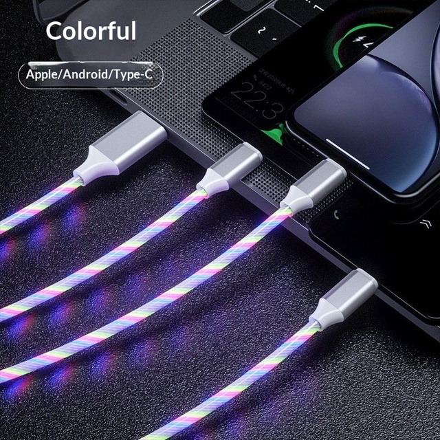 Hot Sale Glowing RGB 3 in 1 Colorful Light Fast Charging USB Data Cable Luminous Car Charger Cord for Ios Android Type C