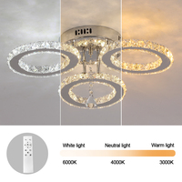 Plafonnier LED intelligent moderne 27W à 3 anneaux en cristal avec télécommande et luminosité réglable pour salon