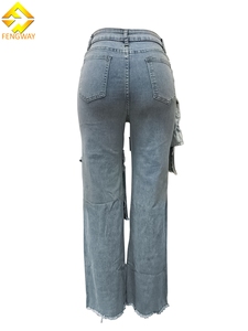 All'ingrosso Jeans Cargo traspiranti personalizzati per donna primavera stagione <span class=keywords><strong>pantaloni</strong></span> in Denim piatto frontale <span class=keywords><strong>con</strong></span> tecniche di lavoro strappate - Product Image 3
