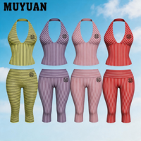 Nouvel Arrivage Été 2026 – Ensemble 2 Pièces Rayé Sans Manches Col V Halter et Pantalon Capri – Tenue Quotidienne – Logo Personnalisé – Qualité Supérieure – Vente en Gros