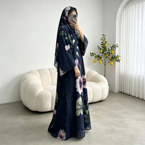 Conjunto de Abaya con Estampado Floral para el Ramadán y el Eid, Vestido Musulmán para Mujer, Kimono Abierto de Chifón con Hiyab, Venta al Por Mayor - Product Image 6