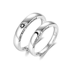 Romantic Couple Engrave Crescent Moon and Star Ring Set Fashion Engagement Rings for Women Men Wedding Jewelry