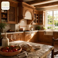 Meubles de cuisine sur mesure en bois massif pour toute la maison, style campagne française, avec portes à panneaux surélevés sculptés et treillis, en marbre, fabrication OEM de qualité