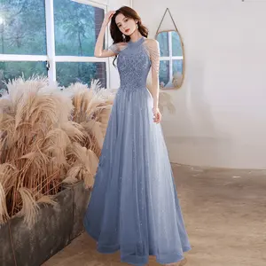 Thanh Lịch Người Nổi Tiếng Ăn Mặc Sequins Beading Halter Với Tua Tay Áo Một Dòng Tầng Chiều Dài Prom Bóng Áo Cho Phụ Nữ Evening Dresses