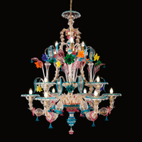 Lustre LED en verre de Murano artisanal avec motif floral turquoise rose, luminaire suspendu de luxe pour la maison ou le bureau, hauteur réglable