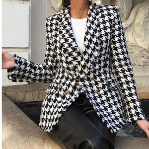 Women Double-breasted Shawl Collar Button Houndstooth Blazer Blouse Long Sleeves <strong>Straight</strong> Hem Coat <strong>Jacket</strong> Nightwear Top Shirt - Product Image 3