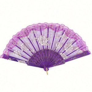 Hot Sale Fashion Foldable Lace Edge Rose PP Hot Stamping Plastic Bone Hand Fan 23x42.5cm Custom Tags for Wedding Gift