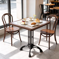 Table de salle à manger commerciale vintage Iron Master en grès rétro, style industriel américain du milieu du siècle, avec plateau en pierre et bois massif pour restaurants