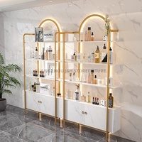 Lemari Pajang Produk Salon Kecantikan, Rak Pajang Emas untuk Toko Kosmetik, Rak Pajang Kosmetik LED
