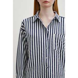 Camisa de Popelina a Rayas para Mujer, Azul Marino, Casual, con Botones, para Uso Diario - Product Image 2