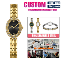 Montre élégante ovale à quartz pour femme, fabrication OEM ODM directe d'usine, acier inoxydable 316L, étanche, logo/cadran/sangle/emballage personnalisés