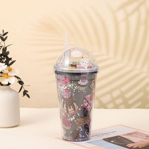 450ml Cute Donut Cupcake Print Double Wall <b>Plastic</b> Tumbler with Straw Dome Lid Colorful Confetti Glitter & Mini Dessert Ornament - Product Image 4