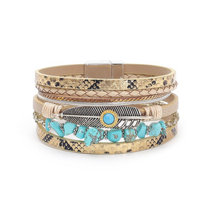 Pulsera de Cuero con Plumas y Turquesa Estilo Bohemio para Mujer, Creativa, Vintage, con Cierre Magnético - Product Image 6