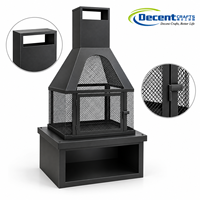 Cheminée à bois en fer noir mat avec foyer en maille, porte à charnières et rangement pour bûches, pour jardin et terrasse extérieure