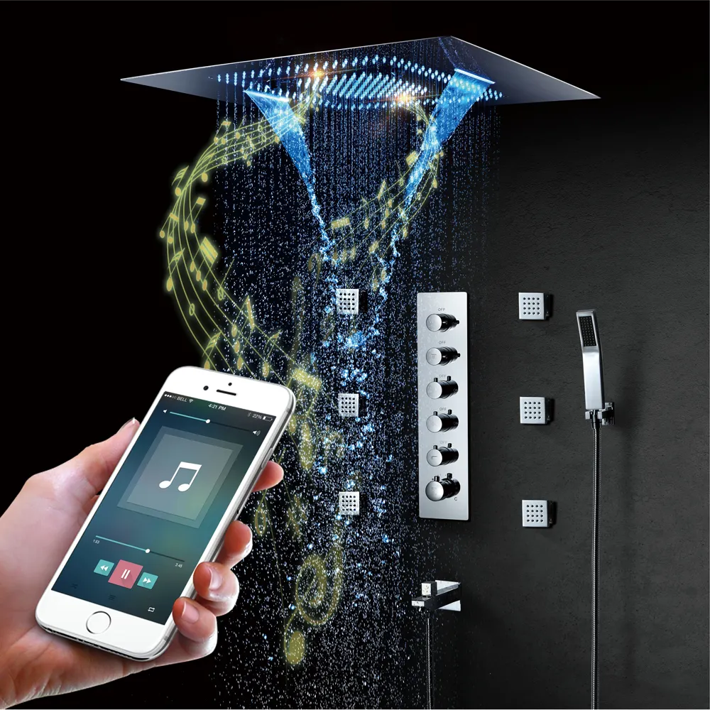 Phone Control LED Play Music Shower Set Thermostatic Rainfall Shower System with Body Jets