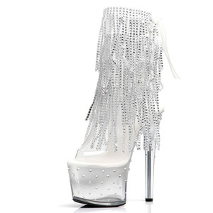 Nuevas Botas Cortas Exóticas para Club Nocturno, Punta Abierta, Adorno de Borlas con Pedrería Plateada, <span class=keywords><strong>Plataforma</strong></span> de 17 cm (7 Pulgadas), Tacón Alto y Delgado, Botines - Product Image 1