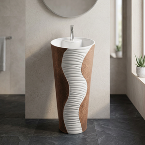 Wooden Coffee Brown Vitrosa Ceramic One Piece Designer Pedestal Wash Basin Freestanding Art Sink - Product Image 5