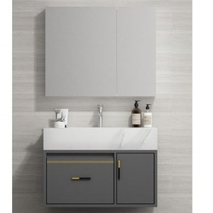 Mueble de Baño Suspendido en Pared CR, Gabinete de Madera Sólida Gris, Lavabo de Cerámica de una Pieza con Espejo - Product Image 2