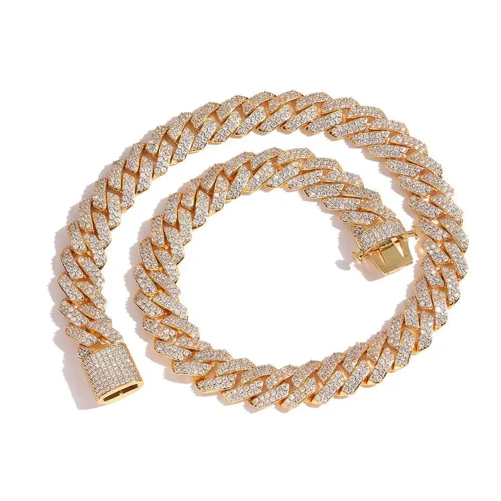 Hip Hop Fine Jewelry 18k Gold Plated Fully Iced Out AAAAA CZ Spring Clasp 15mm Prong Cuban Link Chain