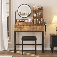 Grande coiffeuse marron avec tiroirs, éclairage LED et prise électrique 3 couleurs, pieds et chaise en métal robustes, pour chambre et dressing
