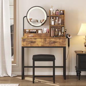 Grande coiffeuse marron avec tiroirs, éclairage LED et prise électrique 3 couleurs, pieds et chaise en métal robustes, pour chambre et dressing - Product Image 1