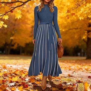 Abiti Midi Casual autunno 2025 da donna nuovo maglione a maniche lunghe a collo alto abito cravatta in vita ampia <span class=keywords><strong>maglia</strong></span> a coste collezione invernale - Product Image 3