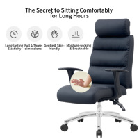 Chaise de bureau exécutive ergonomique moderne en cuir bleu foncé, hauteur réglable, accoudoirs fixes confortables, base en aluminium
