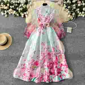 Vestido Midi Casual con Cuello en V y Estampado de Malla para Mujer, Talla Grande, Colección Primavera 2025, Estilo Túnica con Banda y Diseño de Parches - Product Image 3