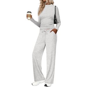 FOXA Women's 2 Piece Lounge Set <b>Mock</b> <b>Neck</b> Long Sleeve Sweatsuit Casual Autumn Outfit Breathable Knitted Pants Set - Product Image 2
